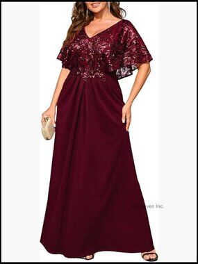 Plus Size Formal Evening Dress V-Neck Cape Sleeve Sequin Maxi